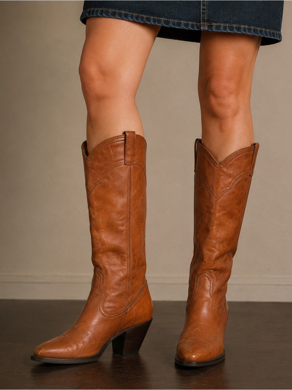 Vintage Brazil Leather Western Boots Size 10M Cognac Brown Mid Calf